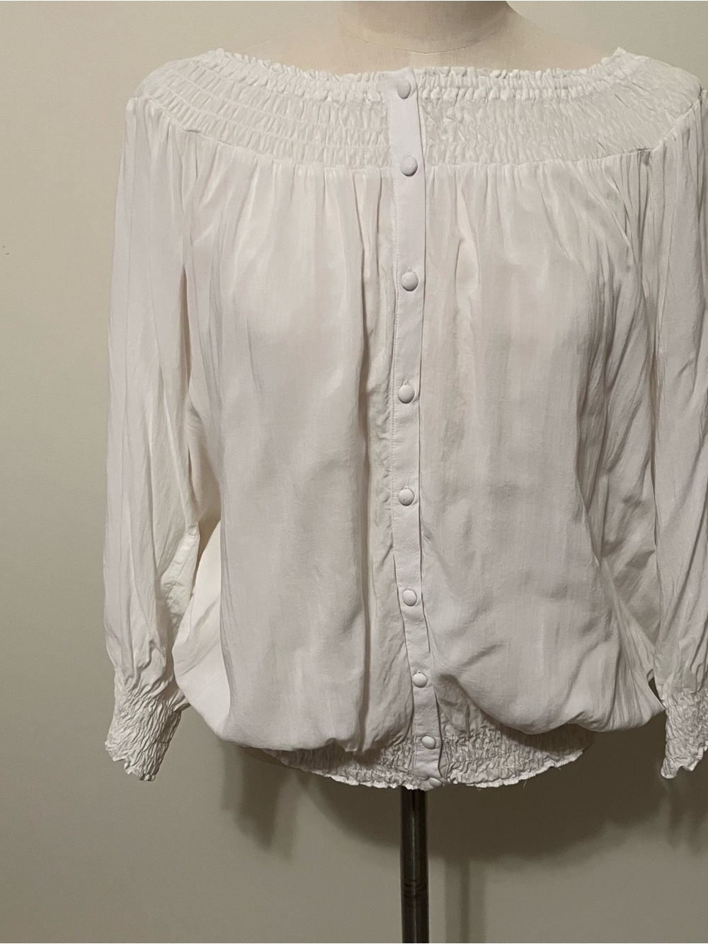 Women’s White Smocked Peasant Blouse Romantic Sz. S Rayon Button Front Boho - Picture 3 of 6